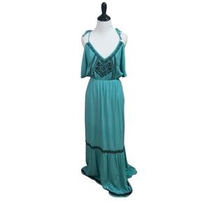 Yahada Women's S Small Maxi Dress Open Shoulder Embroidered Boho Romantic